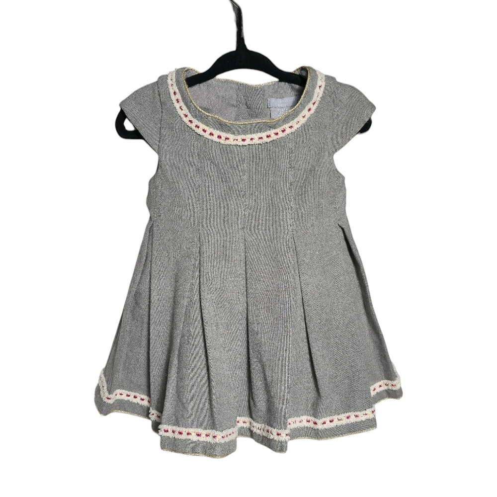 Tahari Baby Girls' Gray Pleated Dress with Gold, Cream & Red Trim - 12M